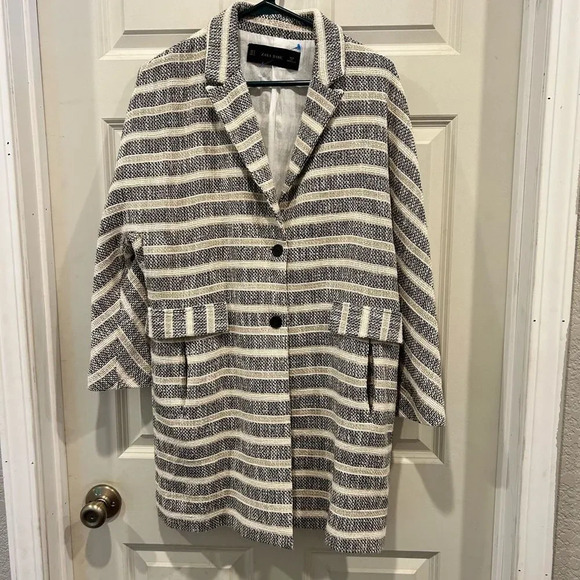 Zara Long Line Striped Gray Coat Pockets Women's Size Medium Bloggers Favorite - Picture 2 of 12